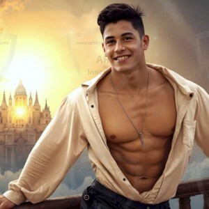 AI-generated Golden City Young Men — beautiful handsome young men in their teens and 20s on balconies overlooking a majestic golden heavenly city. 349 images by Jeff Dupler.