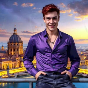 AI-generated Golden City Young Men — beautiful handsome young men in their teens and 20s on balconies overlooking a majestic golden heavenly city. 349 images by Jeff Dupler.