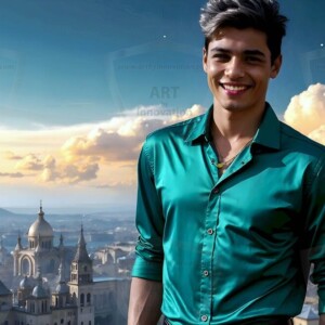 AI-generated Golden City Young Men — beautiful handsome young men in their teens and 20s on balconies overlooking a majestic golden heavenly city. 349 images by Jeff Dupler.