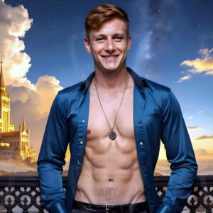 AI-generated Golden City Young Men — beautiful handsome young men in their teens and 20s on balconies overlooking a majestic golden heavenly city. 349 images by Jeff Dupler.