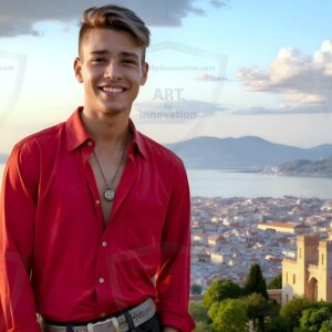 AI-generated Golden City Young Men — beautiful handsome young men in their teens and 20s on balconies overlooking a majestic golden heavenly city. 349 images by Jeff Dupler.