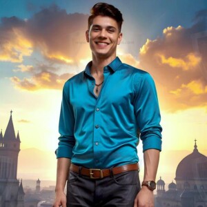 AI-generated Golden City Young Men — beautiful handsome young men in their teens and 20s on balconies overlooking a majestic golden heavenly city. 349 images by Jeff Dupler.