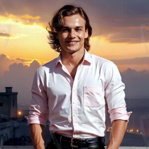AI-generated Golden City Young Men — beautiful handsome young men in their teens and 20s on balconies overlooking a majestic golden heavenly city. 349 images by Jeff Dupler.