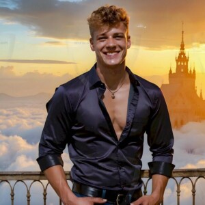 AI-generated Golden City Young Men — beautiful handsome young men in their teens and 20s on balconies overlooking a majestic golden heavenly city. 349 images by Jeff Dupler.