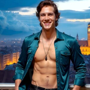 AI-generated Golden City Young Men — beautiful handsome young men in their teens and 20s on balconies overlooking a majestic golden heavenly city. 349 images by Jeff Dupler.