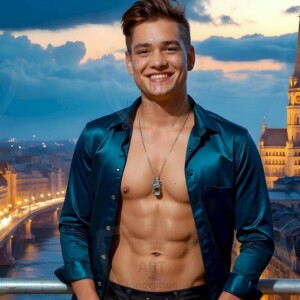 AI-generated Golden City Young Men — beautiful handsome young men in their teens and 20s on balconies overlooking a majestic golden heavenly city. 349 images by Jeff Dupler.
