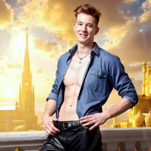 AI-generated Golden City Young Men — beautiful handsome young men in their teens and 20s on balconies overlooking a majestic golden heavenly city. 349 images by Jeff Dupler.