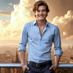 AI-generated Golden City Young Men — beautiful handsome young men in their teens and 20s on balconies overlooking a majestic golden heavenly city. 349 images by Jeff Dupler.
