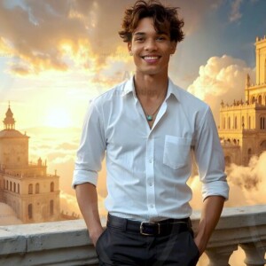 AI-generated Golden City Young Men — beautiful handsome young men in their teens and 20s on balconies overlooking a majestic golden heavenly city. 349 images by Jeff Dupler.