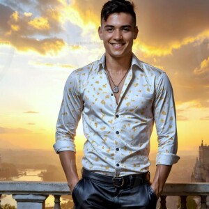 AI-generated Golden City Young Men — beautiful handsome young men in their teens and 20s on balconies overlooking a majestic golden heavenly city. 349 images by Jeff Dupler.