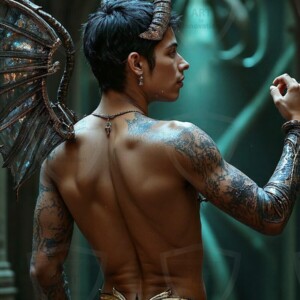 AI-generated hot sexy male demon art — handsome succubus demons with dark wings emerging from the ruins of hell. Dark & Legendary Collection. 240+ images by Jeff Dupler.