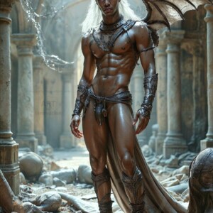 AI-generated hot sexy male demon art — handsome succubus demons with dark wings emerging from the ruins of hell. Dark & Legendary Collection. 240+ images by Jeff Dupler.