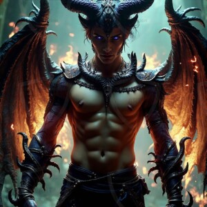 AI-generated hot sexy male demon art — handsome succubus demons with dark wings emerging from the ruins of hell. Dark & Legendary Collection. 240+ images by Jeff Dupler.