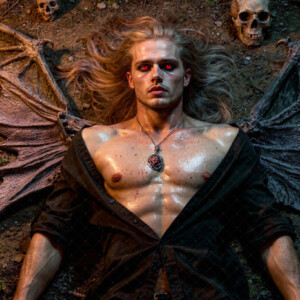 AI-generated Vampire Lestat art handsome reimaginings of the legendary vampire Lestat de Lioncourt from Anne Rice's chronicles. Dark fantasy digital art by Jeff Dupler.