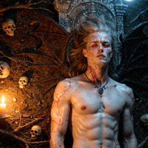 AI-generated Vampire Lestat art handsome reimaginings of the legendary vampire Lestat de Lioncourt from Anne Rice's chronicles. Dark fantasy digital art by Jeff Dupler.