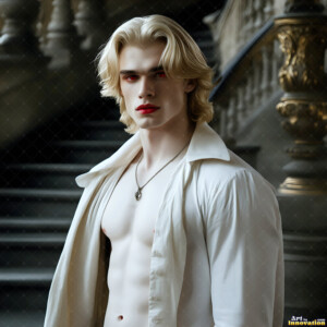 AI-generated Vampire Lestat art — handsome reimaginings of the legendary vampire Lestat de Lioncourt from Anne Rice's chronicles. Dark fantasy digital art by Jeff Dupler.