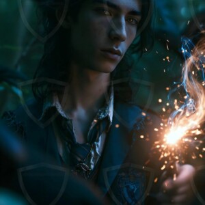 Explore AI-generated House Ravenclaw art handsome shirtless wizards from the raven house of Hogwarts summoning massive protective ravens. Fantasy wizard school digital art.
