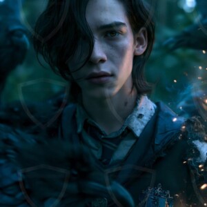 Explore AI-generated House Ravenclaw art handsome shirtless wizards from the raven house of Hogwarts summoning massive protective ravens. Fantasy wizard school digital art.