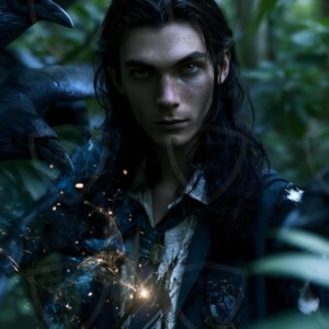 Explore AI-generated House Ravenclaw art handsome shirtless wizards from the raven house of Hogwarts summoning massive protective ravens. Fantasy wizard school digital art.