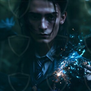 Explore AI-generated House Ravenclaw art handsome shirtless wizards from the raven house of Hogwarts summoning massive protective ravens. Fantasy wizard school digital art.