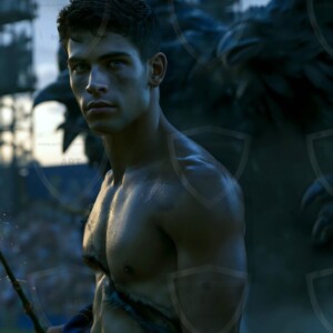 Explore AI-generated House Ravenclaw art handsome shirtless wizards from the raven house of Hogwarts summoning massive protective ravens. Fantasy wizard school digital art.