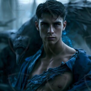Explore AI-generated House Ravenclaw art handsome shirtless wizards from the raven house of Hogwarts summoning massive protective ravens. Fantasy wizard school digital art.