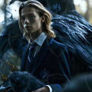 Explore AI-generated House Ravenclaw art handsome shirtless wizards from the raven house of Hogwarts summoning massive protective ravens. Fantasy wizard school digital art.