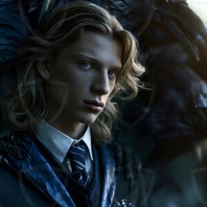 Explore AI-generated House Ravenclaw art handsome shirtless wizards from the raven house of Hogwarts summoning massive protective ravens. Fantasy wizard school digital art.