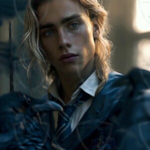 Explore AI-generated House Ravenclaw art handsome shirtless wizards from the raven house of Hogwarts summoning massive protective ravens. Fantasy wizard school digital art.
