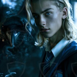 Explore AI-generated House Ravenclaw art handsome shirtless wizards from the raven house of Hogwarts summoning massive protective ravens. Fantasy wizard school digital art.
