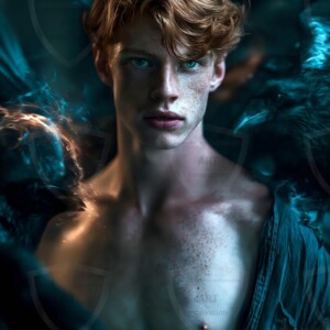 Explore AI-generated House Ravenclaw art handsome shirtless wizards from the raven house of Hogwarts summoning massive protective ravens. Fantasy wizard school digital art.