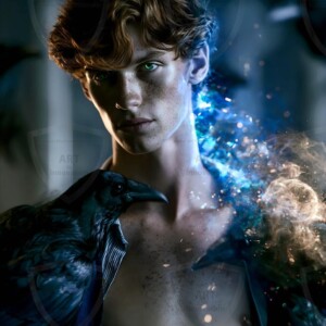 Explore AI-generated House Ravenclaw art handsome shirtless wizards from the raven house of Hogwarts summoning massive protective ravens. Fantasy wizard school digital art.