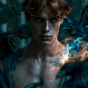 Explore AI-generated House Ravenclaw art handsome shirtless wizards from the raven house of Hogwarts summoning massive protective ravens. Fantasy wizard school digital art.