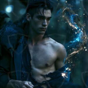 Explore AI-generated House Ravenclaw art handsome shirtless wizards from the raven house of Hogwarts summoning massive protective ravens. Fantasy wizard school digital art.