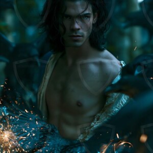 Explore AI-generated House Ravenclaw art handsome shirtless wizards from the raven house of Hogwarts summoning massive protective ravens. Fantasy wizard school digital art.
