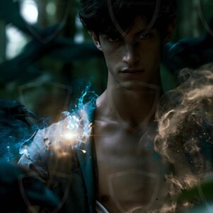 Explore AI-generated House Ravenclaw art handsome shirtless wizards from the raven house of Hogwarts summoning massive protective ravens. Fantasy wizard school digital art.