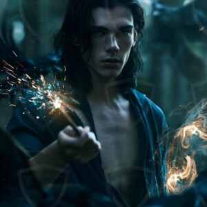 Explore AI-generated House Ravenclaw art handsome shirtless wizards from the raven house of Hogwarts summoning massive protective ravens. Fantasy wizard school digital art.