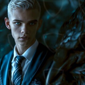 Explore AI-generated House Ravenclaw art handsome shirtless wizards from the raven house of Hogwarts summoning massive protective ravens. Fantasy wizard school digital art.