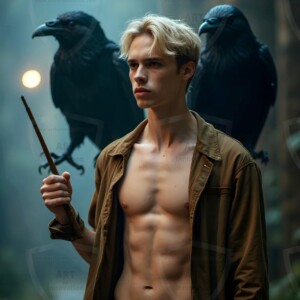 Explore AI-generated House Ravenclaw art handsome shirtless wizards from the raven house of Hogwarts summoning massive protective ravens. Fantasy wizard school digital art.