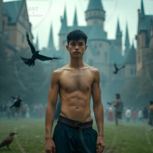 Explore AI-generated House Ravenclaw art handsome shirtless wizards from the raven house of Hogwarts summoning massive protective ravens. Fantasy wizard school digital art.