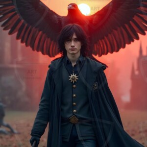 Explore AI-generated House Ravenclaw art handsome shirtless wizards from the raven house of Hogwarts summoning massive protective ravens. Fantasy wizard school digital art.