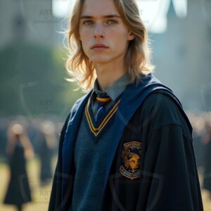 Explore AI-generated House Ravenclaw art handsome shirtless wizards from the raven house of Hogwarts summoning massive protective ravens. Fantasy wizard school digital art.