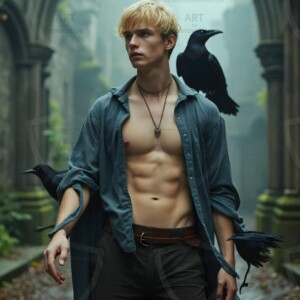 Explore AI-generated House Ravenclaw art handsome shirtless wizards from the raven house of Hogwarts summoning massive protective ravens. Fantasy wizard school digital art.