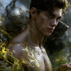AI-generated wizards of the badger house handsome shirtless mages of the wizard academy conjuring fierce loyal badgers in cinematic UHD fantasy art.