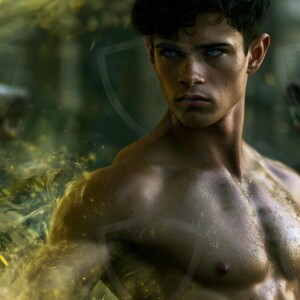 AI-generated wizards of the badger house handsome shirtless mages of the wizard academy conjuring fierce loyal badgers in cinematic UHD fantasy art.