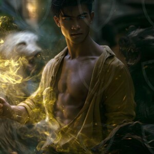 AI-generated wizards of the badger house handsome shirtless mages of the wizard academy conjuring fierce loyal badgers in cinematic UHD fantasy art.