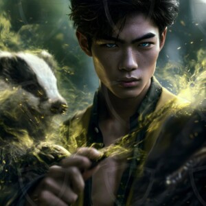 AI-generated wizards of the badger house handsome shirtless mages of the wizard academy conjuring fierce loyal badgers in cinematic UHD fantasy art.
