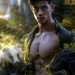 AI-generated wizards of the badger house handsome shirtless mages of the wizard academy conjuring fierce loyal badgers in cinematic UHD fantasy art.