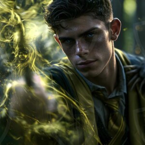 AI-generated wizards of the badger house handsome shirtless mages of the wizard academy conjuring fierce loyal badgers in cinematic UHD fantasy art.