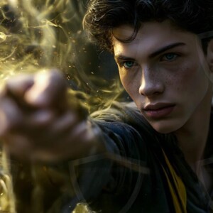 AI-generated wizards of the badger house handsome shirtless mages of the wizard academy conjuring fierce loyal badgers in cinematic UHD fantasy art.